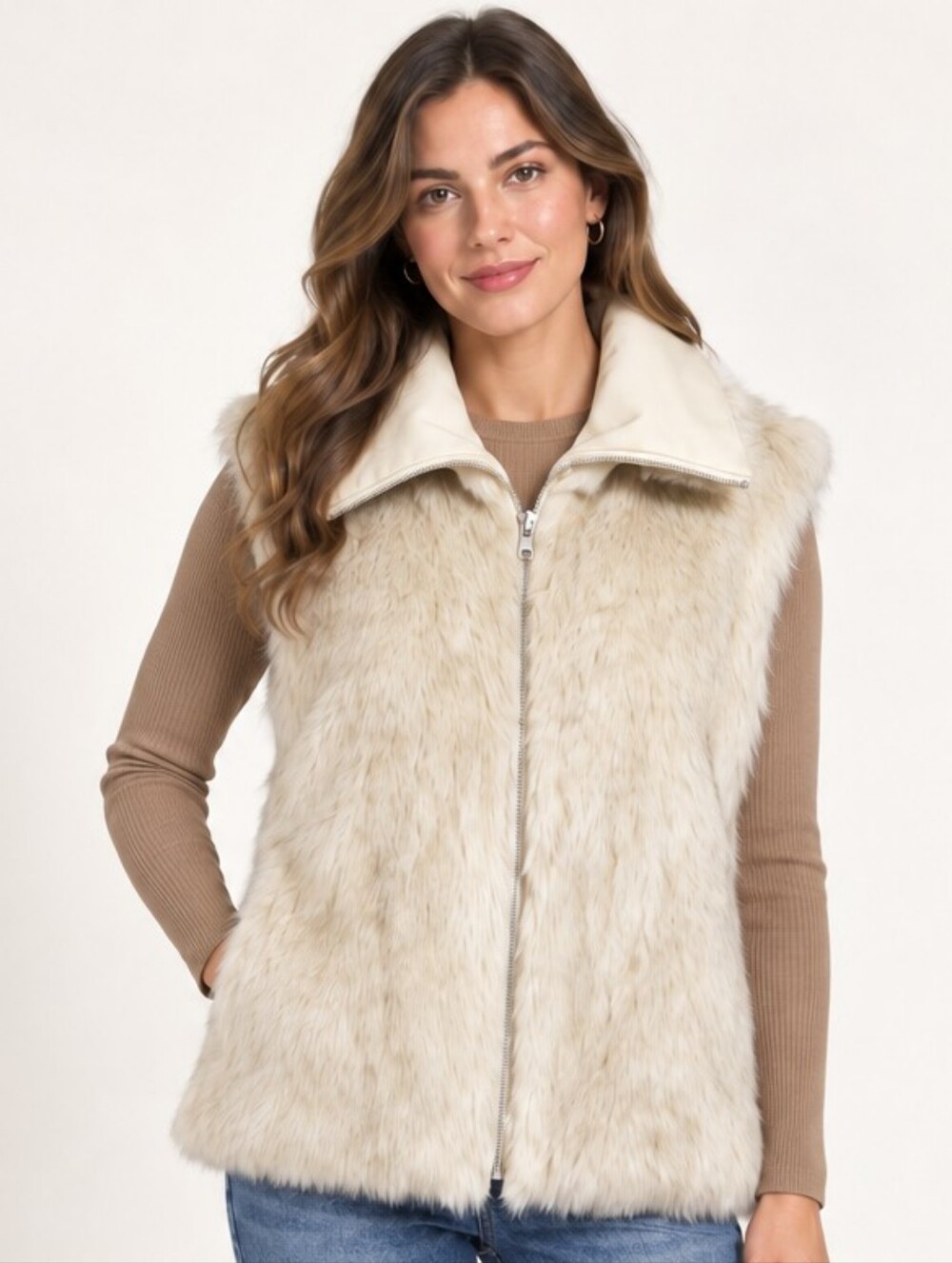 Vintage United Nations Colors Cream Faux Fur Zip Vest Large